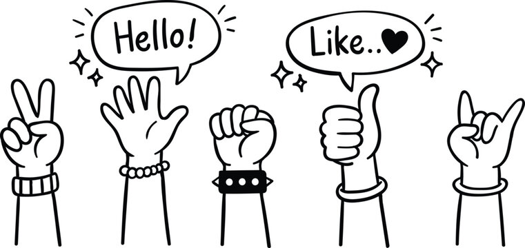 Hand gestures doodles set with speech bubbles for communication hello like peace rock fist vector