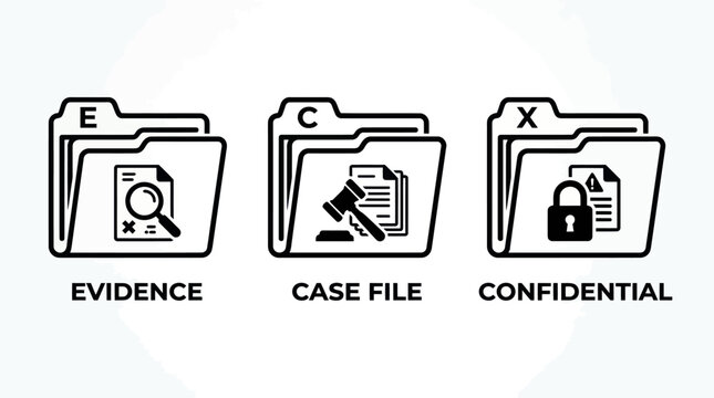 Categorized legal file folders for evidence and confidential documents.