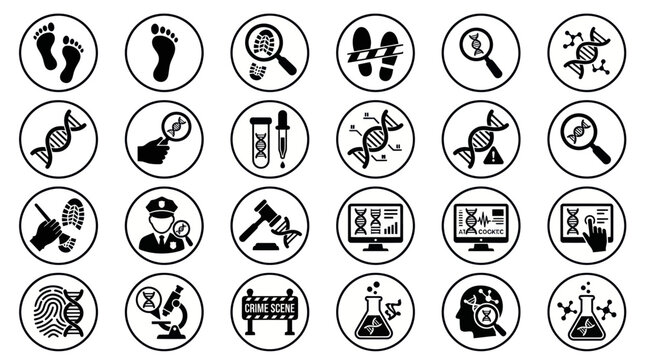 Circular icons for forensic science and legal investigation tools.