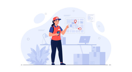 Naklejka premium Delivery Worker Using Map App on Phone and Tablet for Logistics and Tracking Packages