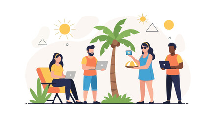 Fototapeta premium Diverse group of people working on laptops on a tropical beach with palm trees and sun.