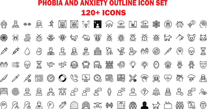 Phobia and anxiety icon set 120 line art symbols for mental health resources