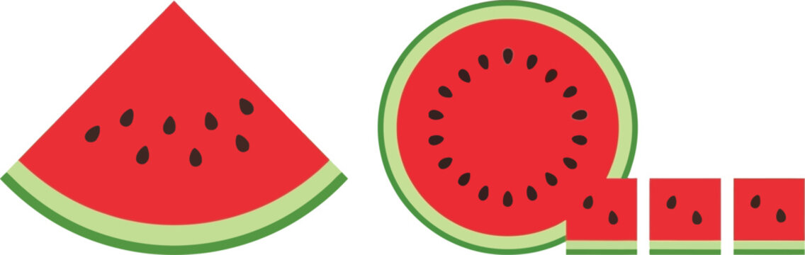 Collection of fresh watermelon slices and small cubes isolated on a clean white background set