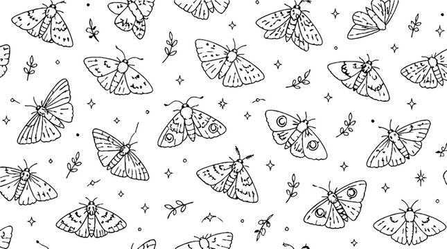 Intricate black and white moth and butterfly pattern design.