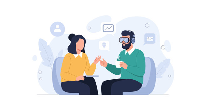 Diverse people in a meeting, discussing VR technology, collaboration, and future business ideas with digital icons in the background.