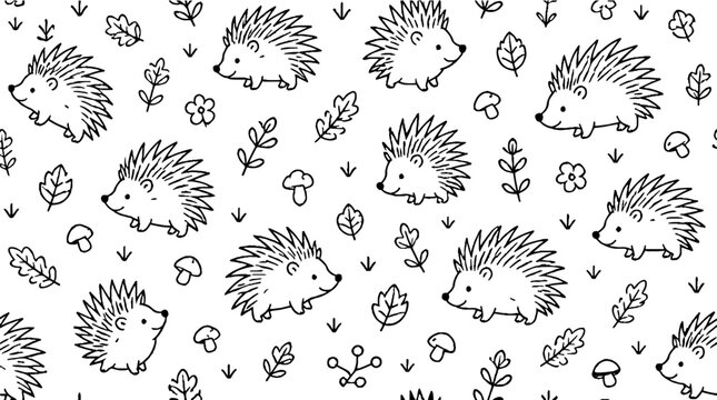 Cute hedgehog and forest elements pattern design.