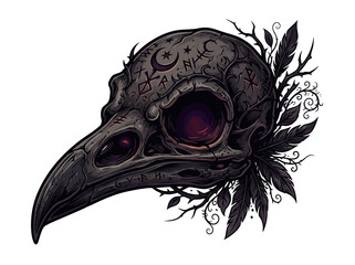 Obraz premium Dark gothic raven skull illustration with mystical symbols and feathers.