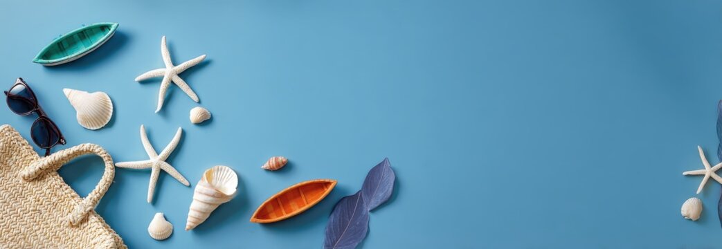 Vibrant beach accessories and seashells on a calming blue background