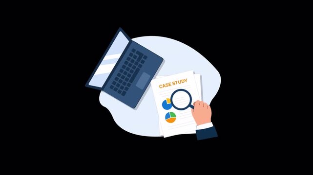 Hand Using Magnifying Glass to Examine Business Case Study Report Animation - Transparent