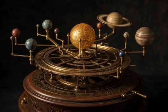 Ornate vintage orrery model with the sun at center, polished brass and wood.