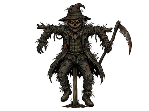A terrifying scarecrow figure holding a sharp scythe against a white background.