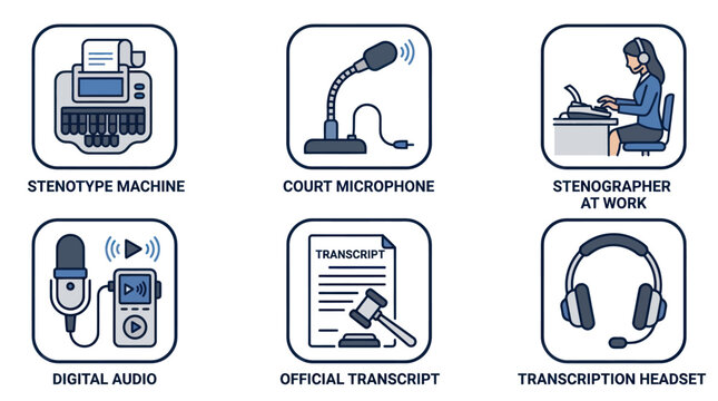 Labeled court reporting icons including stenotype machine and transcript.