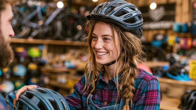 Shop Employee Helping Customer Choose Helmet
