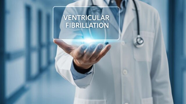 doctor holographic display ventricular fibrillation in hospital corridor