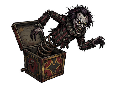 A terrifying jack in the box featuring a sinister clown popping out.