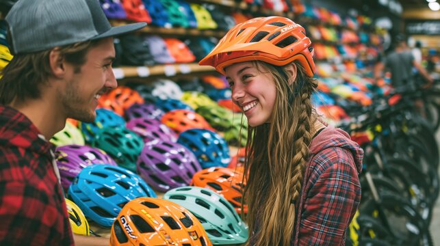 Shop Employee Helping Customer Choose Helmet