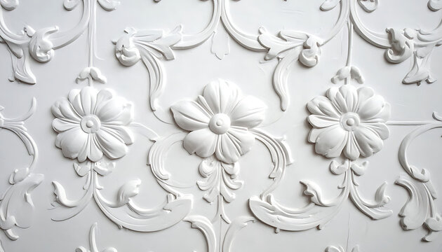 ornate white floral relief pattern with delicate scrolling leaves, architectural detail, baroque style.