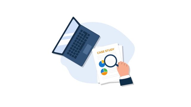 Hand Using Magnifying Glass to Examine Business Case Study Report Animation