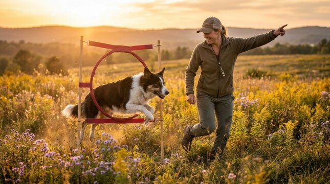 Professional female dog trainer guiding a Border Collie jumping through a red agility hoop in a wildflower meadow at sunset, hills and golden light in the background.