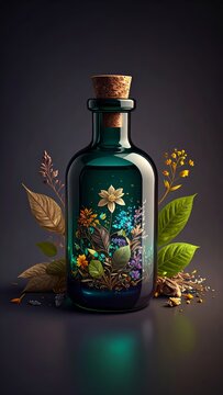 Botanical elixir bottle with vibrant flora infusing unique potion