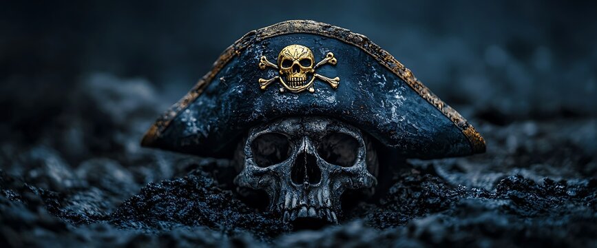 A weathered skull, adorned with a tricorn hat bearing a skull and crossbones emblem, rests in dark soil