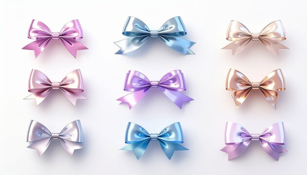 Shiny colorful metallic mini ribbon bows collection on white background 白背景に並ぶ光沢の美しいカラフルなミニメタリックリボン素材セット