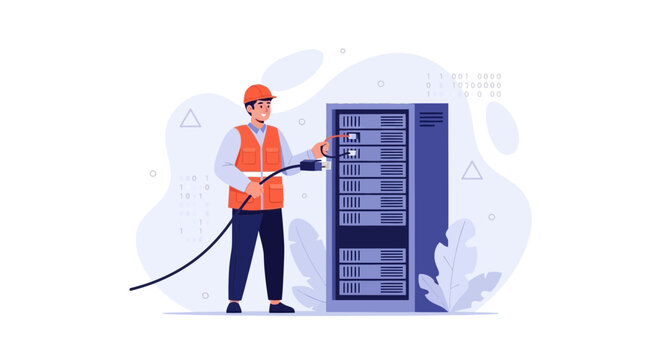 IT technician connecting cables to server rack in data center, flat design vector illustration