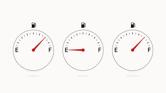 Fuel level gauges showing empty half full and full tank levels indicator