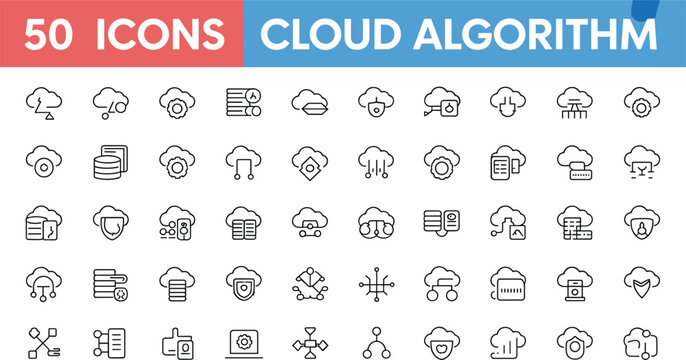 Cloud algorithm line icon set for database hosting computing server security data network outline vector illustration