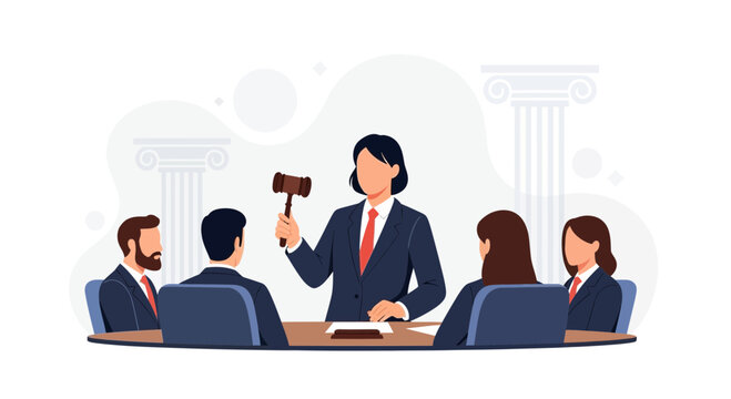 Lawyer or judge presiding over a legal case with jury or panel in a courtroom setting, vector illustration.