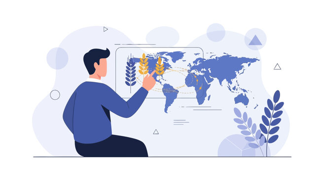 Global Agriculture Trade Analysis: Man Studying Wheat Exports on World Map