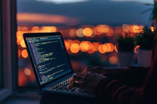 Coding and programming on a laptop screen with city lights for software developer