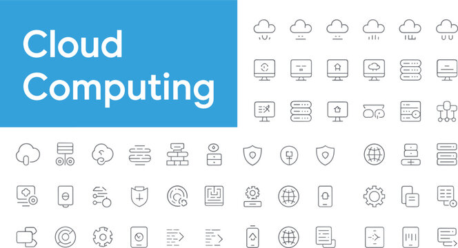 Cloud computing line icon set for network server database storage cyber security outline vector illustration
