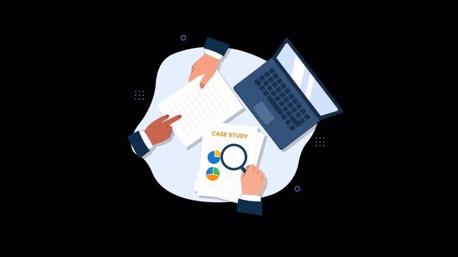 Business Professionals Analyzing Case Study Data with Laptop and Magnifying Glass Animation - Transparent