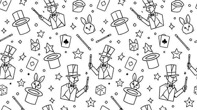Whimsical magic show pattern with rabbits and hats.