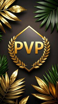 Stylish emblem representing competitive game in frame decorated with leaves