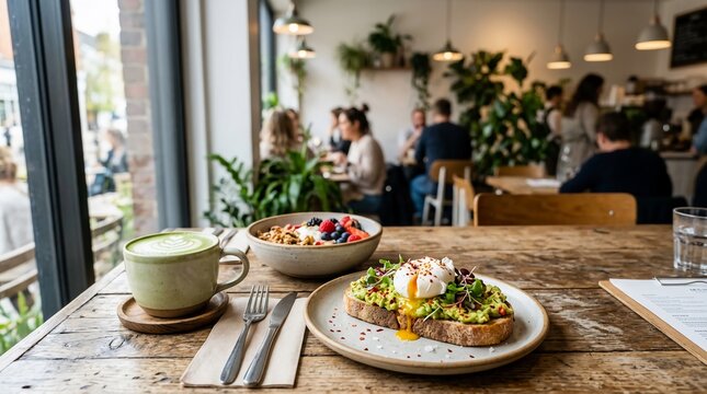 Avocado toast with poached egg and matcha latte in cafe