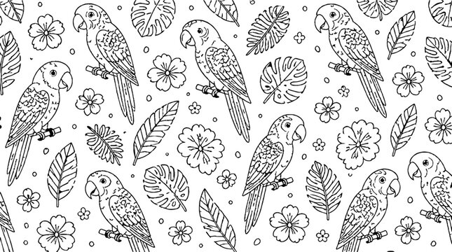 Tropical Parrot and Floral Pattern Illustration.