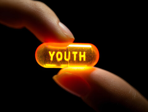 Two fingers holding a glowing orange youth pill against a dark background, symbolizing anti-aging.