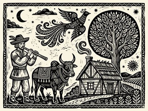 Traditional Slavic Folklore Linocut Illustration with Musician, Bull, and Firebird
