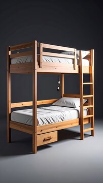 Modern wooden bunk bed with ladder in a studio environment, interior design concept