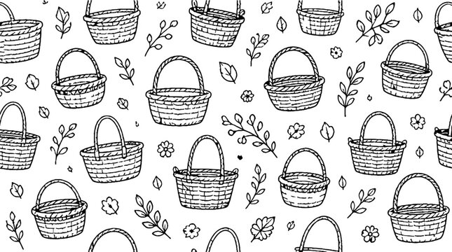 Hand Drawn Wicker Baskets and Floral Elements Pattern.