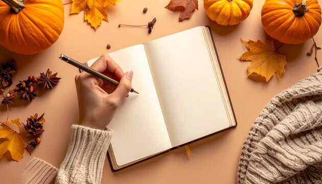 Top view of hand writing on blank journal, clean aesthetic, warm tones, ultra realistic stock photography