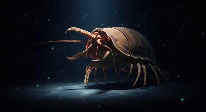 Detailed depiction of a deep-sea isopod illuminated against a dark cosmic backdrop