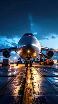 Jumbo Jet Airplane on Tarmac at Night with Lights Reflecting on Wet Surface.