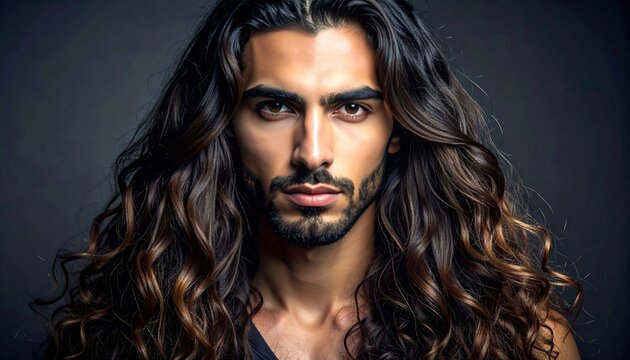 Portrait of a handsome man with long wavy hair.