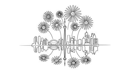 Naklejka premium Toronto Skyline with Dandelion Fireworks Illustration