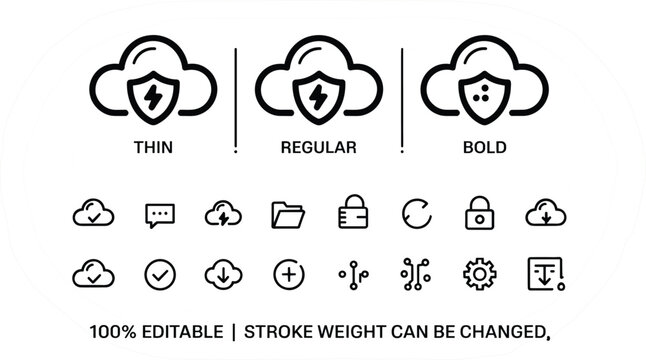 Cloud security and storage line icon set with data protection shield server outline vector illustration