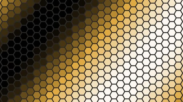 Gold Hexagon Pixel Grid with Shifting Diagonal Bands of Light and Shadow in High Tech Motion Graphic Pattern