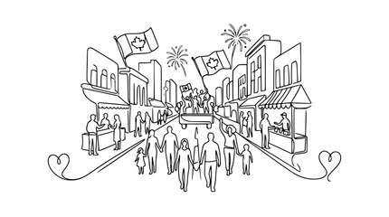 Obraz premium Canadian Celebration Parade on Street with Flags and Fireworks - Line Art